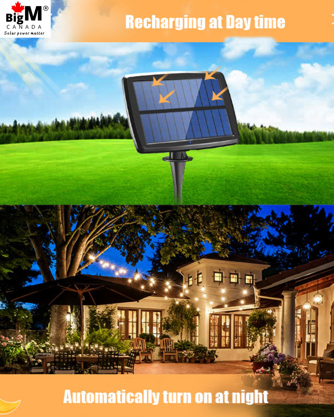 BigM 64 ft Solar Patio String Lights has Built-in light sensor automatically turns lights on at sunset and off at sunrise—hands-free convenience.