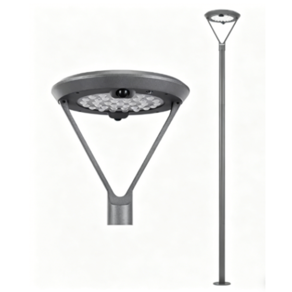 BigM Solar Outdoor Post Light with motion sensor on 7 ft pole illuminating garden pathway with warm white LED light
