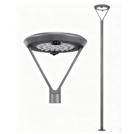 BigM Solar Outdoor Post Light with motion sensor on 7 ft pole illuminating garden pathway with warm white LED light