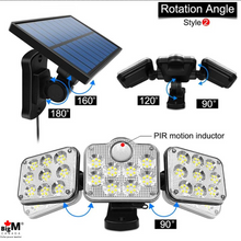 Load image into Gallery viewer, BigM 122 LED solar security motion sensor light has adjustable light and solar panel fixtures
