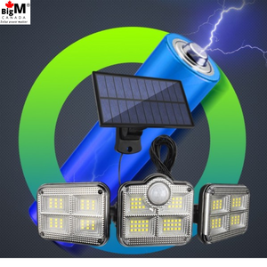 BigM 122 LED adjustable solar security motion sensor light has 2400mah 2 rechargeable batteries installed inside