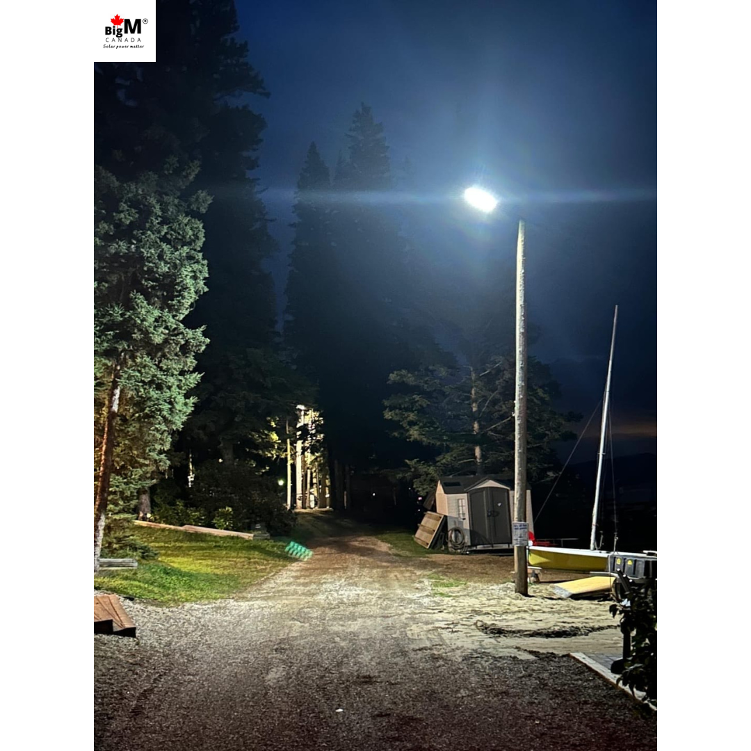 Image of BigM 1200W solar commercial street lights installed in an off-grid park, generating impressive bright light at night (photo courtesy BigM customer)