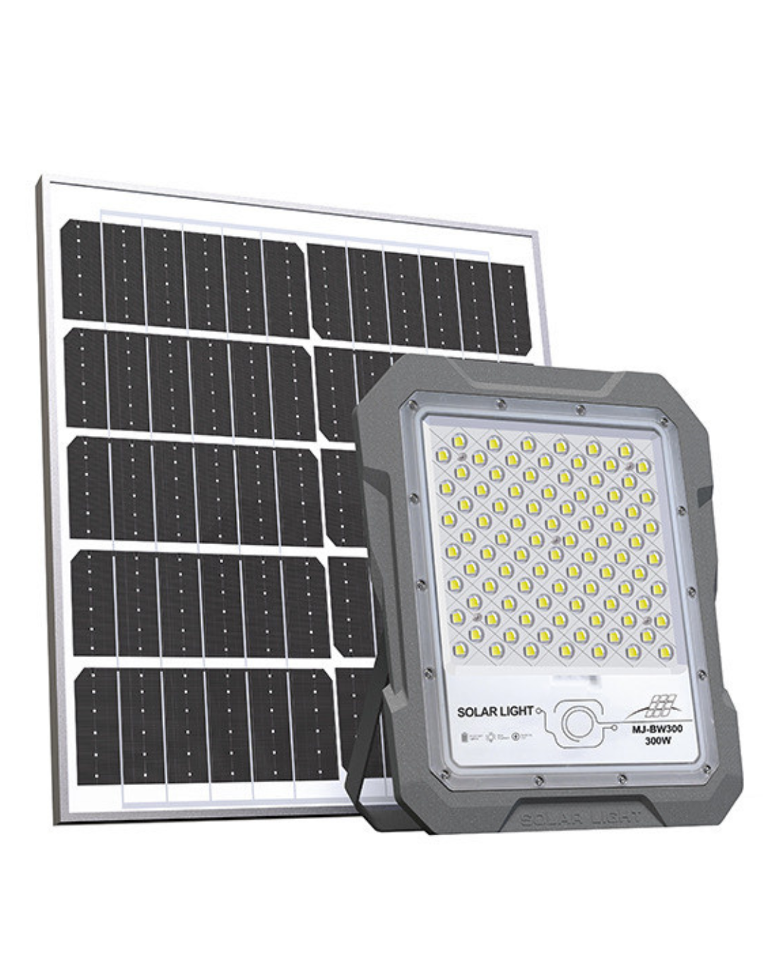 BigM 300W aluminum cast solar floodlight with high-efficiency LED panel and separate monocrystalline solar panel for outdoor lighting.