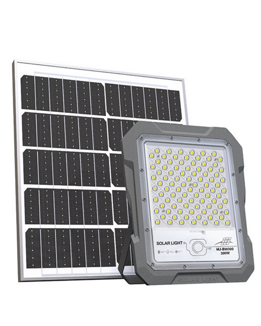 BigM 300W durable aluminum-cast solar floodlight with motion sensor and high-efficiency solar panel for outdoor weatherproof security and steady lighting.