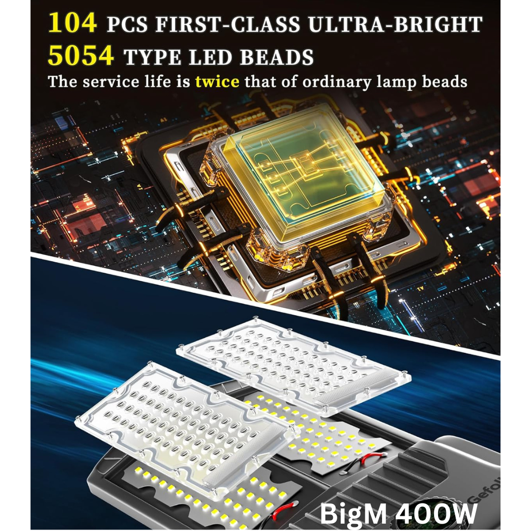 BigM 400W 20000 Lumens Solar Street Light with Aluminum Body has 104 units of large ultra bright high-efficient 5054 type LED beads, that has twice more service life than regular old dated LED lamp beds
