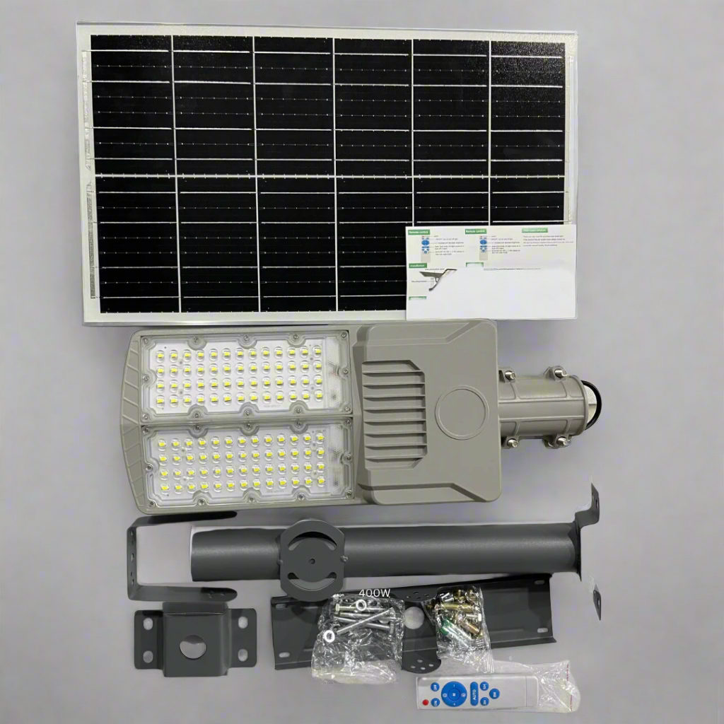 BigM 400W 20000 Lumens Solar Street Light with Aluminum Body comes with a large high efficiency mono-crystalline solar panel, metal bracket, a remote and required hardwares