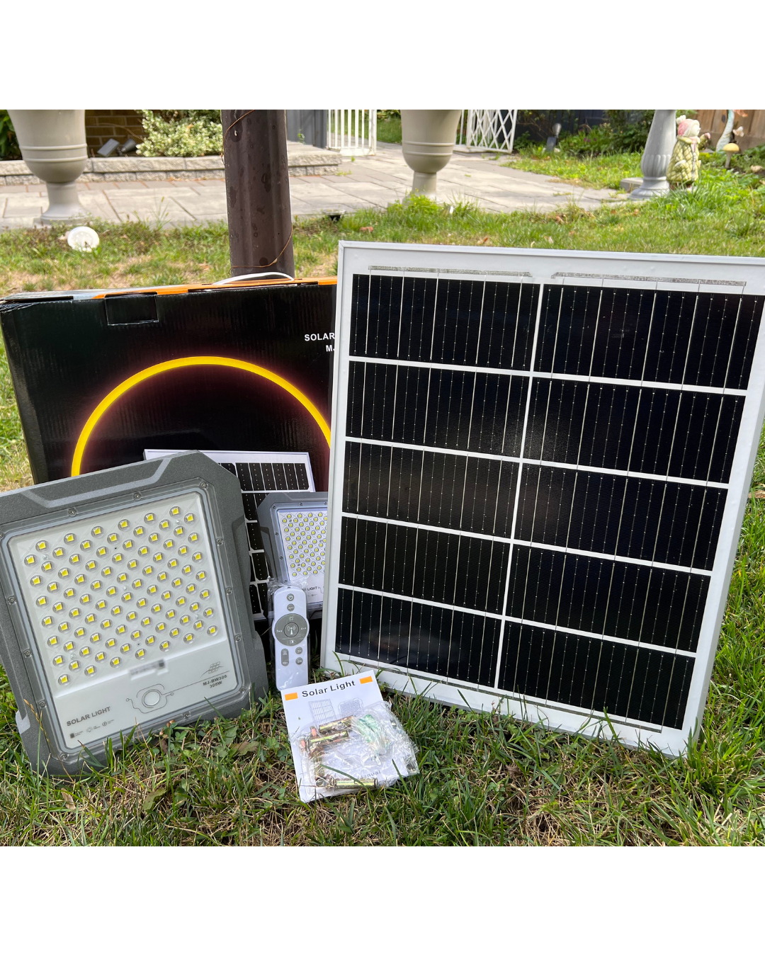  BigM  500W Aluminum Cast Solar Floodlights with Constant Lighting comes wit a large high efficiency solar panel and all the required hardwares and mountings