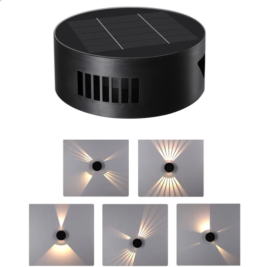 BigM 6-beam rotatable solar wall accent light with warm white 3000K beams and adjustable 360° design on outdoor wall
