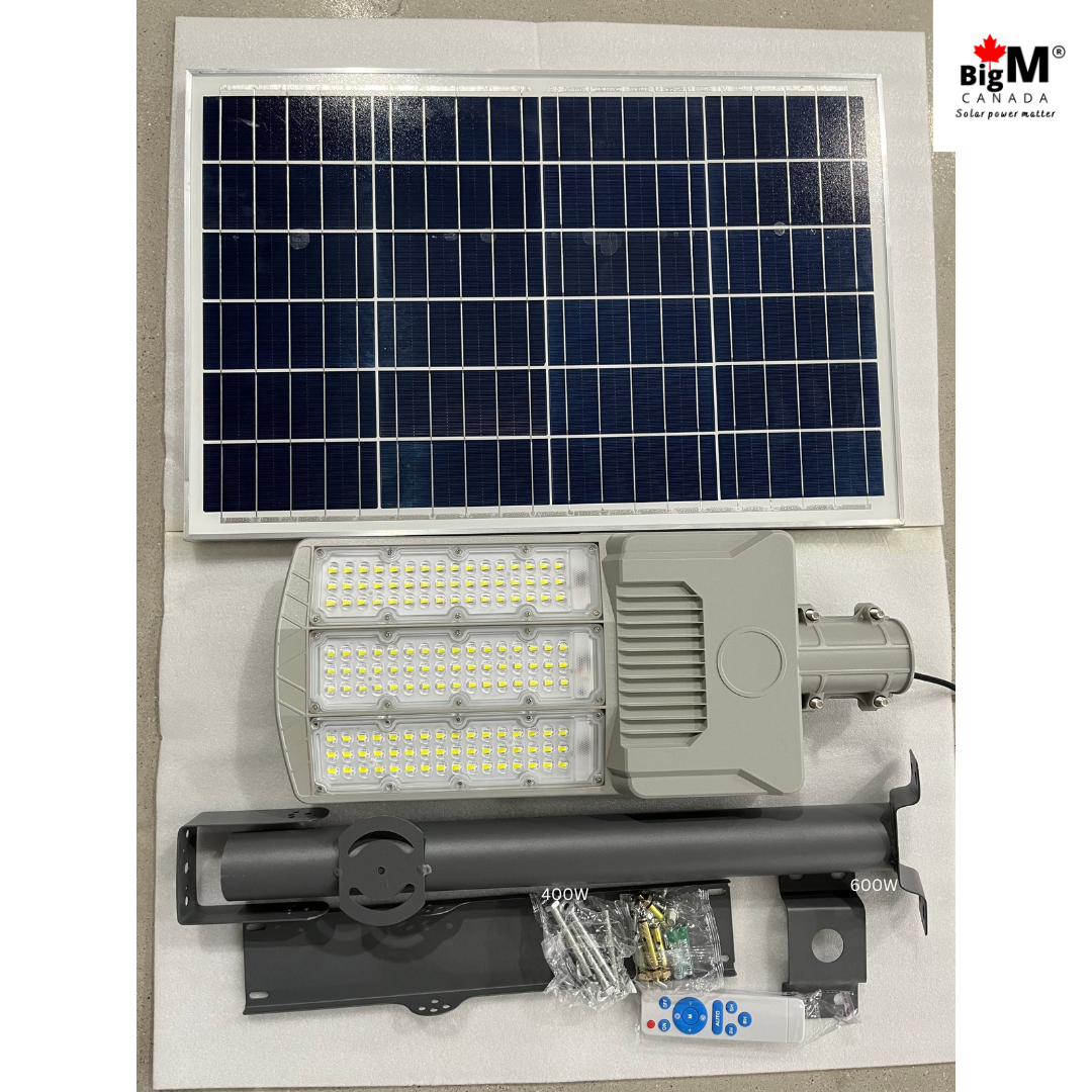 BigM 800W High Lumens Solar Flood Light with Aluminum body comes with a large high-efficient mono-crystalline solar panel, metal handles, a remote, and required hardwares