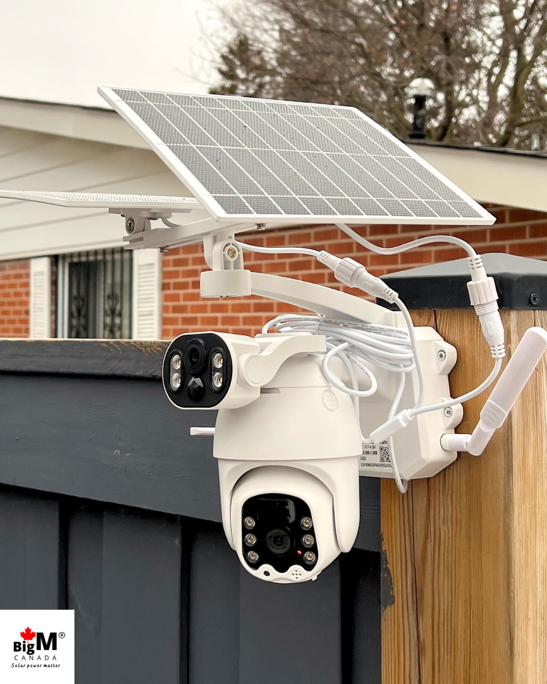 BigM Solar dual lens PTZ Security Camera with Wi-Fi option installed on ta post on the driveway of a house