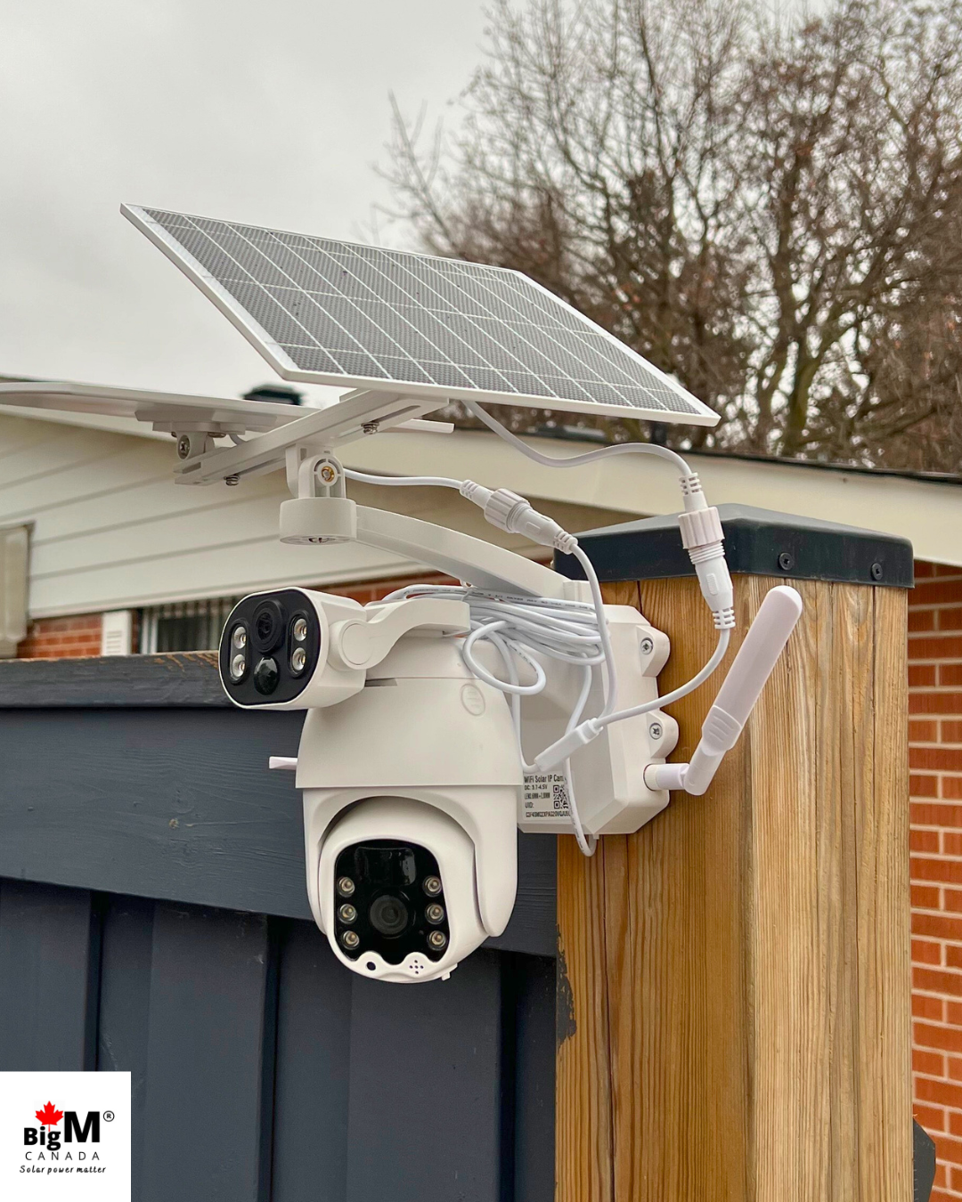 BigM Solar dual lens PTZ Security Camera with Wi-Fi option installed on ta post on the driveway of a house