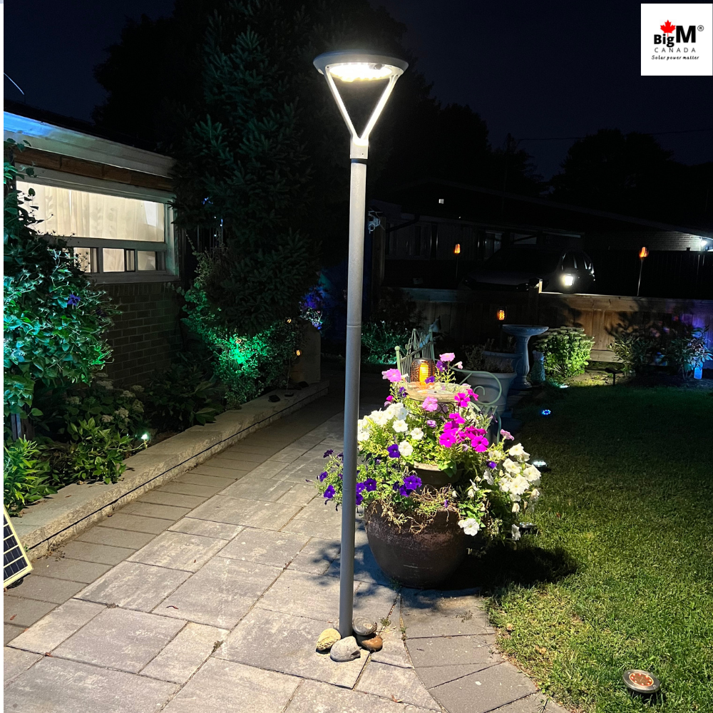 BigM Solar Outdoor Post Light with Motion Sensor, Steady Lighting Options & 7 ft Pole for Gardens, Pathways, Driveways & Pillar Tops
