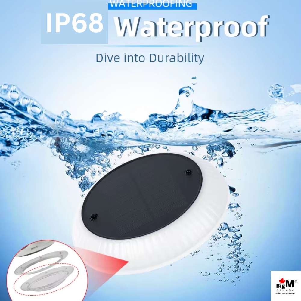 IP68 waterproof BigM Solar LED Floating Pool Light floats on water amid splashing waves, featuring a white outer rim, a black solar panel, and text highlighting its waterproof performance. A small inset diagram at the bottom left shows a layered waterproof construction, and a BIGM logo appears in the bottom-right corner.