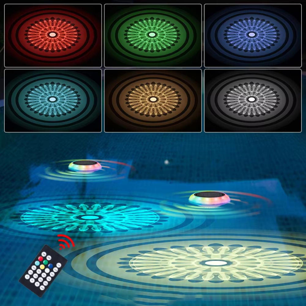 BigM Solar LED floating pool light with RGB color changing and remote control, floating on water