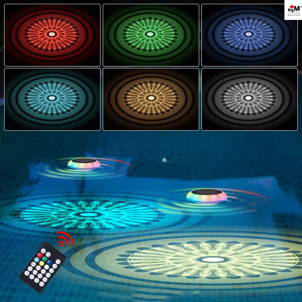 Six square panels at the top show the same circular underwater light pattern in different colors: red, green, blue, aqua, gold, and gray. Below, a blue underwater scene shows three matching BigM Solar LED Floating Pool Light glowing in the water, with a remote control in the lower left.