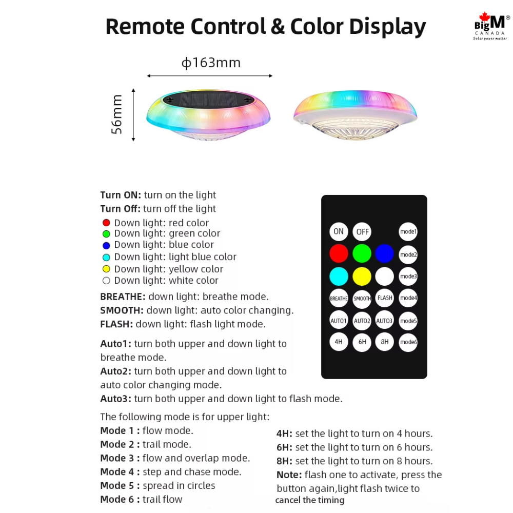 A remote control and color display graphic for a BigM Solar LED Floating Pool Light t. The image shows a pool light with rainbow-colored illumination, dimensions labeled as 163mm in diameter and 56mm in height, an instruction list, and a black remote control with colored buttons.