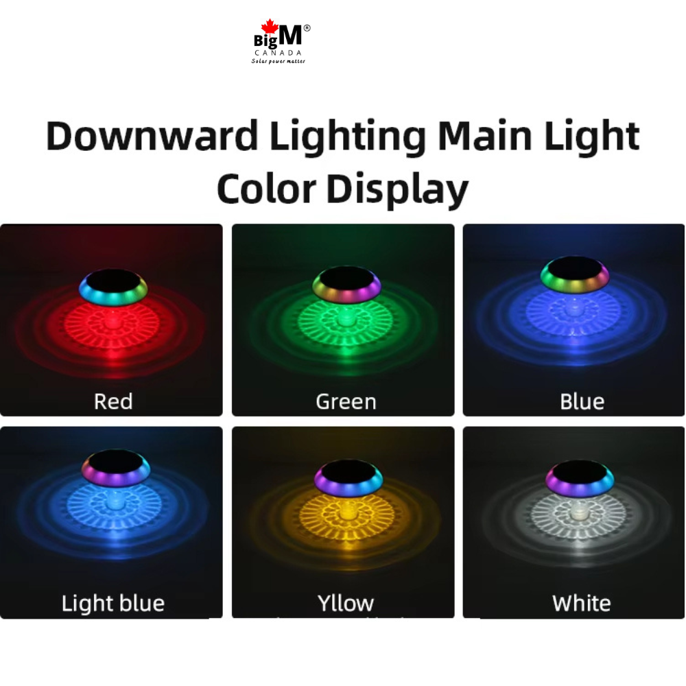 A product information graphic for a downward lighting main light showing six color options: Red, Green, Blue, Light blue, Yellow, and White. The graphic features a BigM Canada logo at the top and six dark panels below, each showing the BigM Solar LED Floating Pool Light emitting a different color in a circular pattern.