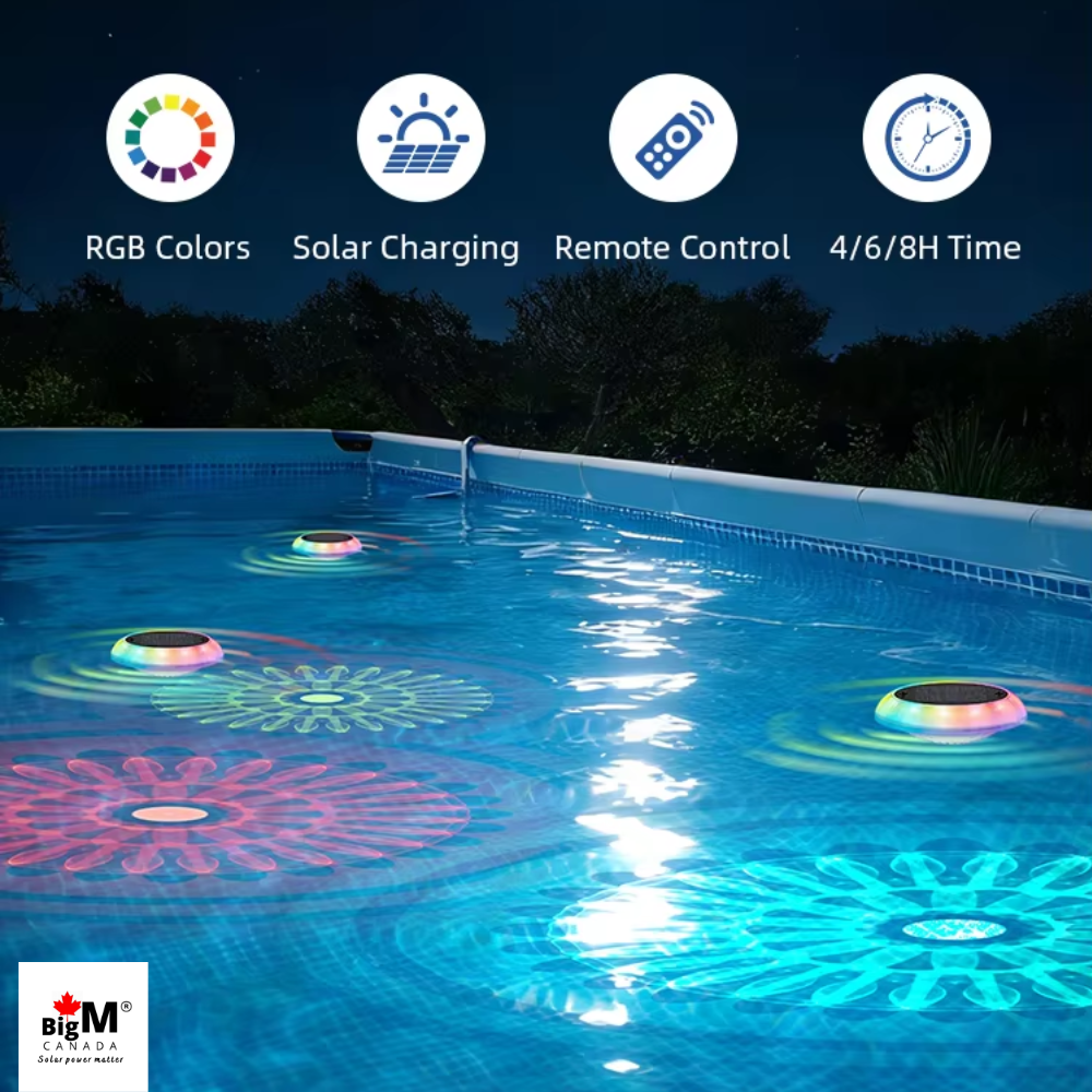 Four BigM Solar LED Floating Pool Light glowing with RGB colors on the blue water of an outdoor swimming pool at night, with feature icons and text at the top and a Big M brand logo at the bottom left.