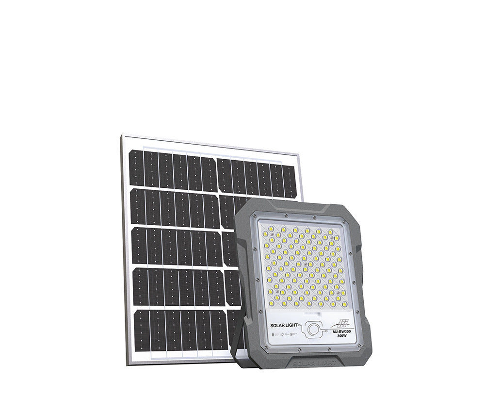 BigM 300W Solar Floodlights with Motion Sensor and separate adjustable solar panel for outdoor lighting.