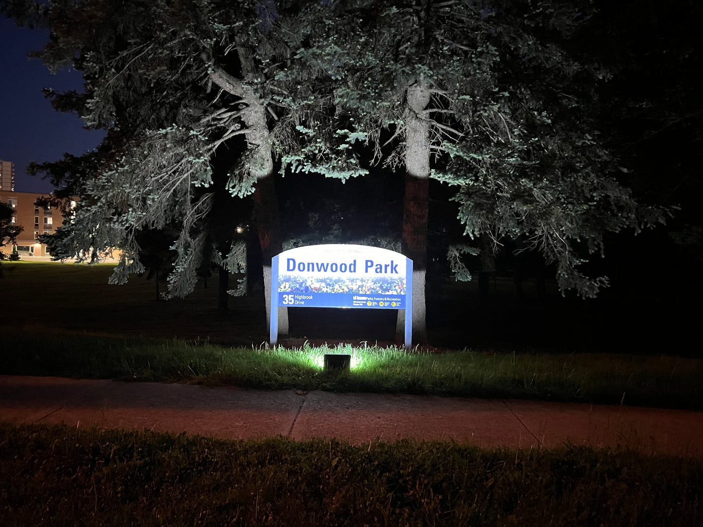 Image of BigM 100W solar bright flood light, lighting up a park sign at night. Generates impressive bright light