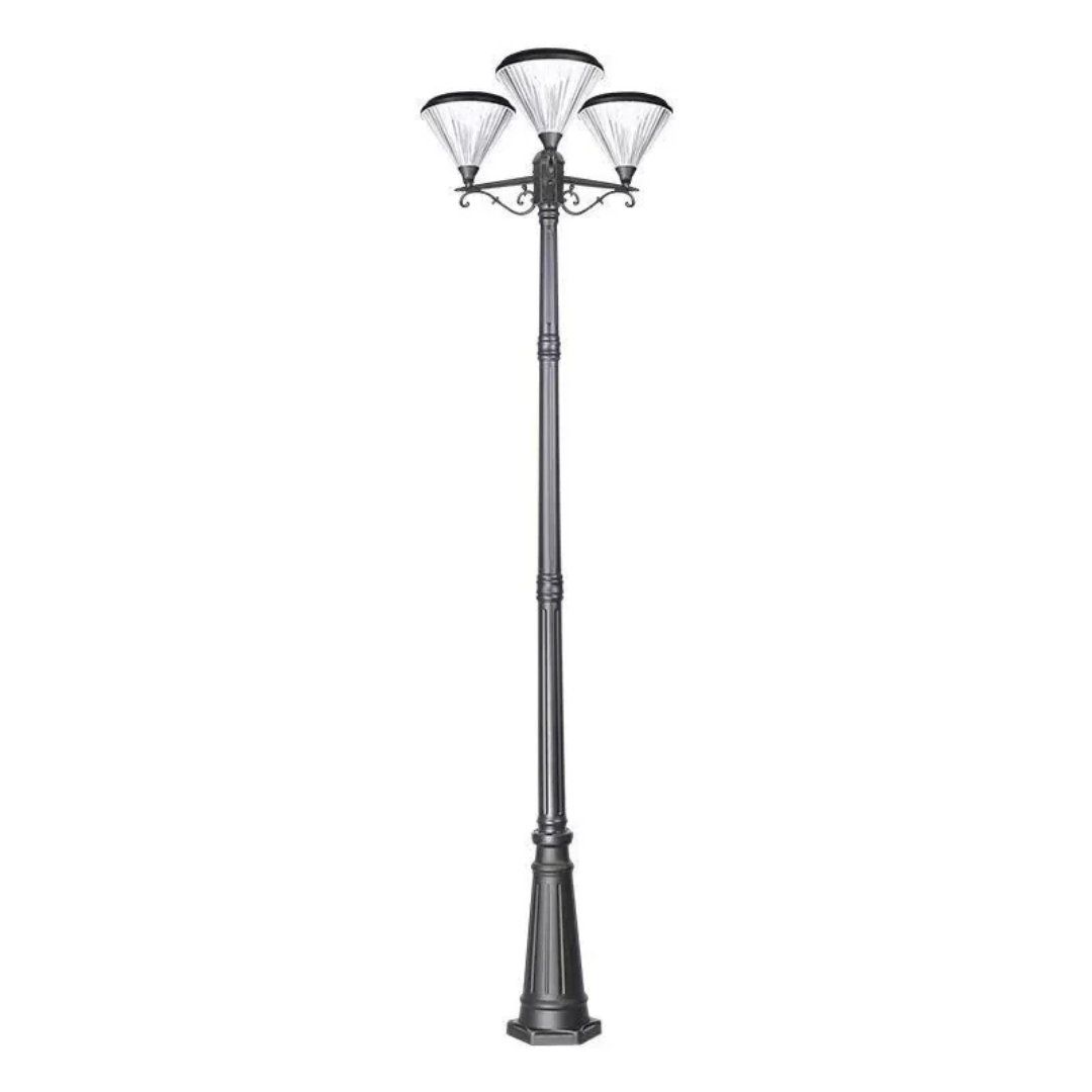 BigM European Vintage Style solar garden lamp with a black metal post and three ornate flared light heads.