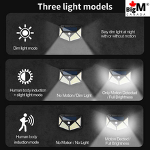 Load image into Gallery viewer, BigM Super Bright 114 LED Solar Motion Sensor Lights have 3 lighting modes, Mode 1: motion sensor mode, Mode 2: low dim mode with motion sensor; Mode 3: constant light mode without motion sensor
