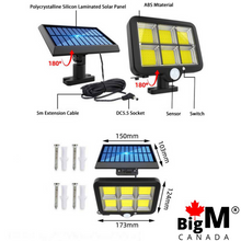 Load image into Gallery viewer, BigM 3000 Lumens LED Solar Motion Sensor Light comes with a 10 Ft Extension Cable, large high efficient solar panel and a bright light fixture
