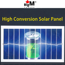 Load image into Gallery viewer, BigM 3000 Lumens LED Solar Motion Sensor Light has a large high absorbing efficient monocrystalline silicon solar panel that helps the 2400mah battery charge faster during the day time
