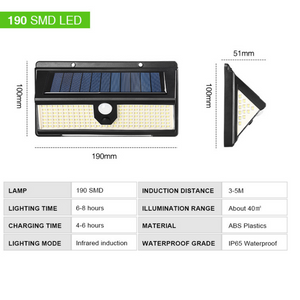 Image of a BigM 190 LED Bright Outdoor Solar Security Lights with product specifications and has a length of 6.75 inches