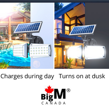 Load image into Gallery viewer, BigM 5000 Lumens Best Motion Sensor Solar Light has a large solar panel that charges during day time and turns on at dusk
