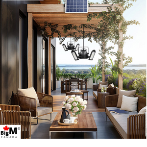 BigM 60 LED Bright Solar Pendant Light is installed at a patio