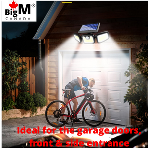BigM 122 LED solar security motion sensor light is installed above the garage doors