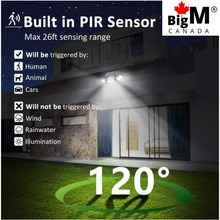 Load image into Gallery viewer, BigM 122 LED solar security light has built in PIR motion sensor that senses motion as far as 25 ft distance
