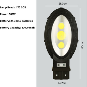 BigM Heavy Duty 500W Solar Flood Light With product measurements and specifications