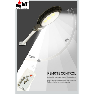 Image of a remote of a BigM Heavy Duty 500W Solar Flood Light With Motion Sensor . You can adjust the brightness, motion sensor and constant lighting mode with this remote