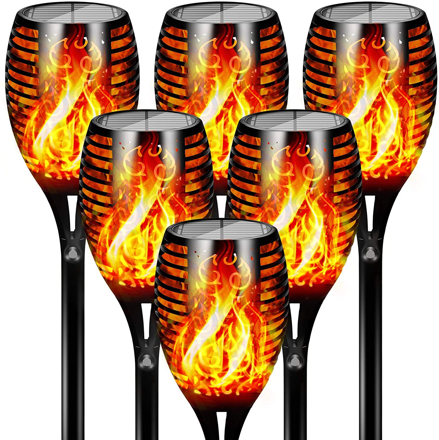 Image of 6 units of BigM 96 LED Bright Flickering Flame Solar Tiki Torch Lights that glow brilliantly like a dancing flame at night