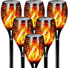 Load image into Gallery viewer, Image of 6 units of BigM 96 LED Bright Flickering Flame Solar Tiki Torch Lights that glow brilliantly like a dancing flame at night
