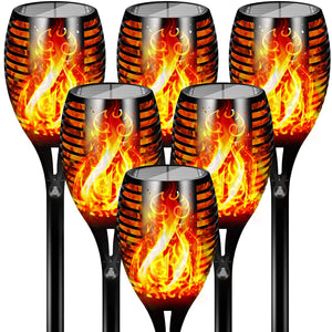 Image of 6 units of BigM 96 LED Bright Flickering Flame Solar Tiki Torch Lights that glow brilliantly like a dancing flame at night