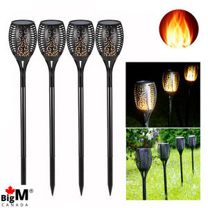 BigM 96 LED Bright Flickering Flame Solar Tiki Torch Lights have long stick that can go in the ground in our garden
