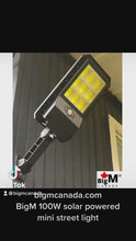 Load and play video in Gallery viewer, Video of BigM 100w solar powered super bright mini street light installed at a customers backyards. This BigM 100 w mini street lights turn on with motion sensor, generates bright light
