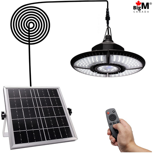 BigM 136 LED 1000 Lumens Bright Indoor Solar Light for Patios Pergolas comes with a large solar panel, a bright pendant light, a remote and 16.5 ft extension cable