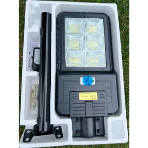 Image of BigM 300w Solar Street Light With metal handle, remote, hardwares, instruction guide comes in a styrofoam box  to ensure product safety during shipping