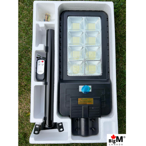 BigM 400W Solar Street Light with remote, metal bracket, instruction manual  secured in a styrofoam box