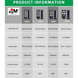 Features and product specifications of BigM 300W 500W 700W  900W Commercial Grade Solar Street Lights