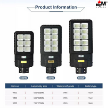 Load image into Gallery viewer, mage of BigM 300w 400w 500w Solar Street Lights With product specifications
