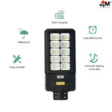 Load image into Gallery viewer, Image of BigM Heavy Duty 300W 400W 500W LED Solar Flood Lights with  product features such as easy to install, IP65 waterproof, charge faster under sun, automatic lighting after dusk, longer lighting at night
