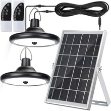 Load image into Gallery viewer, BigM Dual Headed 56 LED Bright Indoor Solar Lights for Gazebos Shades come with 2 pendant lights, 1 large solar panel, 2x 16.5 ft extension cables &amp; 2 remotes
