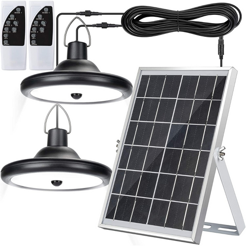 BigM Dual Headed 56 LED Bright Indoor Solar Lights for Gazebos Shades come with 2 pendant lights, 1 large solar panel, 2x 16.5 ft extension cables & 2 remotes
