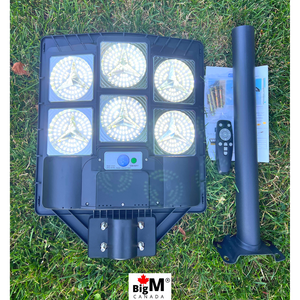 Image of BigM Heavy Duty 600W LED Best Solar Street Lights for Outdoors with metal pole, remote, hardwares & instruction manual