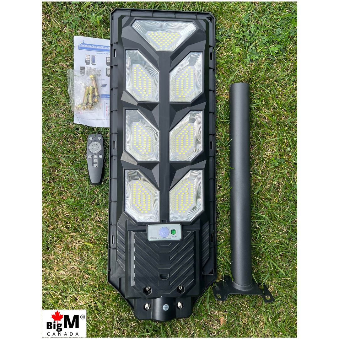 Image of BigM 700w solar parking lot lights with metal handle, remote, hardwares and booklets